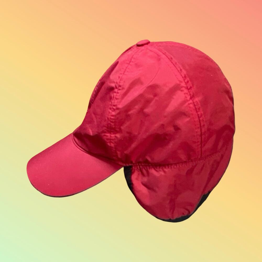 Eddie Bauer Red Nylon Cap Fleece Lined Ear Flaps Outdoor Hiking Hat Mens S/M